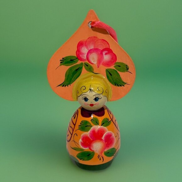 Vintage Wooden Russian Style Doll Christmas Ornament Hand Painted Holiday 5" - Picture 1 of 8